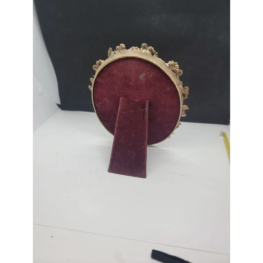 Vintage Globe 24K Gold Plated Ornate Hibiscus Design Tabletop Oval Mirror 1950s